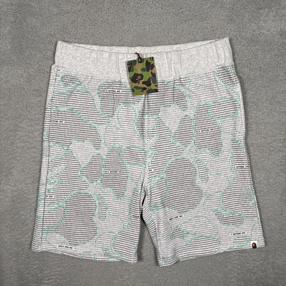 NWT Glow in the Dark BAPE Text Code Camo Sweat Shorts Gray A Bathing Ape SZ 2XL